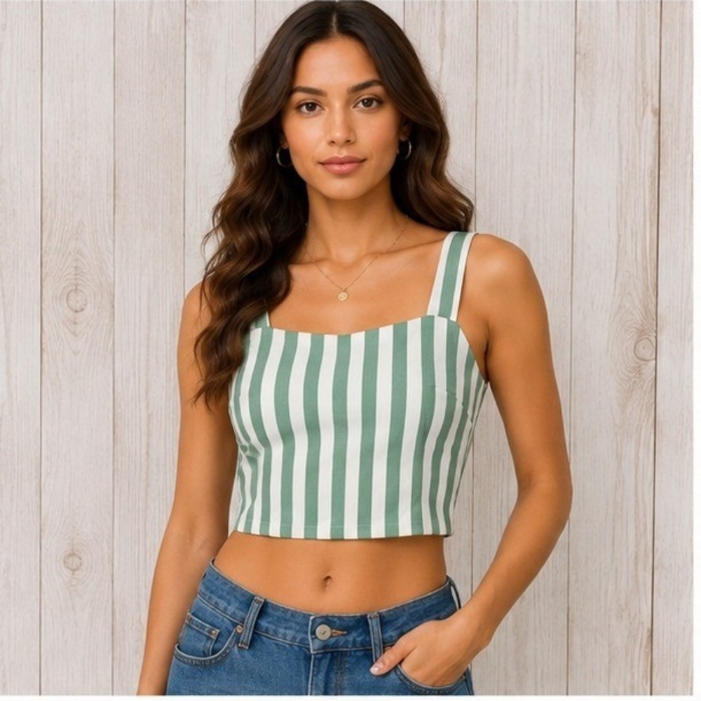 Lucy Paris Green White Striped Crop Top Square Neck Sleeveless Tank Small